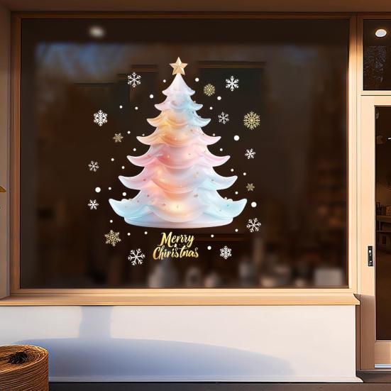 Christmas Colorful Tree Window Cling Removable Waterproof PVC Winter Merry Christmas Static Glass Sticker Holiday Party Decoration Decal