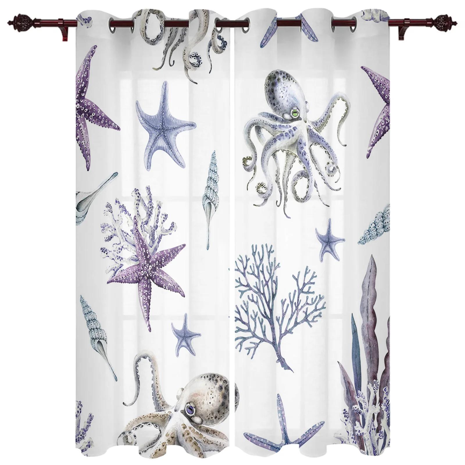 

2PCS Anchor Starfish Stripes Window Curtains Bedroom Kitchen Drapes Panel Home Decor Curtains for Living Room Floor-to-ceiling (W75H166cm)-2pcs&Grommet Top