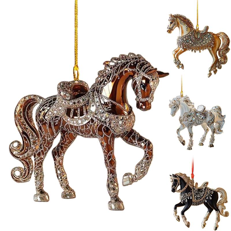 2D Acrylic Horse Car Rearview Mirror Pendant Charm Christmas Tree Ornament New Year Hanging Decoration
