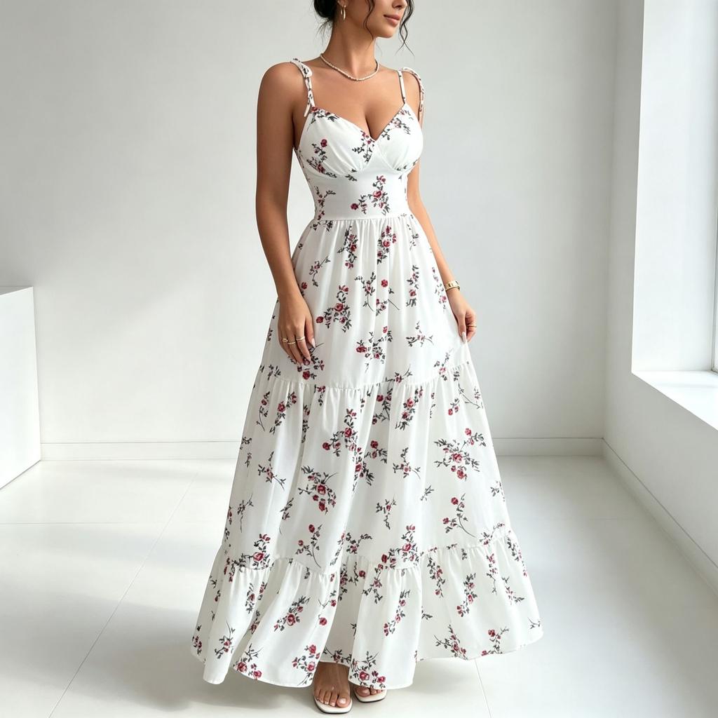 Sommerliches neues V-Ausschnitt, figurbetontes und dünnes, geblümtes langes Kleid, bedrucktes Feen-Trägerkleid