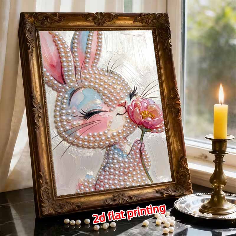 DIY Pearl Painting Canvas Bunny With Flower Design Shiny 3D Bead Art Kit Creative Leisure Craft for Living Room Wall Decor
