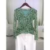 Printed V-neck Noble Long-sleeved Fashionable Mesh New Fashion Bottoming Slimming Top