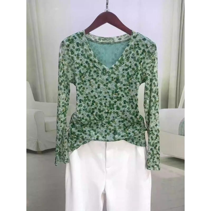 Printed V-neck Noble Long-sleeved Fashionable Mesh New Fashion Bottoming Slimming Top