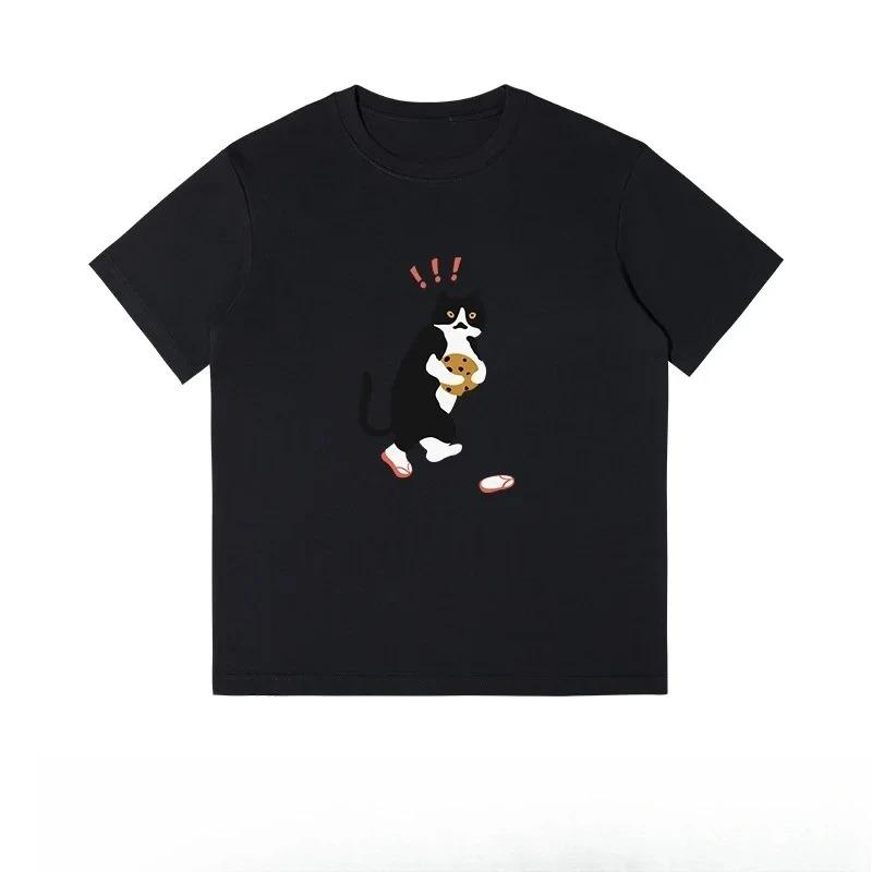 Summer Short Sleeve Fun Cat Couple Printed Half Sleeve Casual Loose Heavy TShirt Round Neck Casual Short Sleeves Plus Size Loose