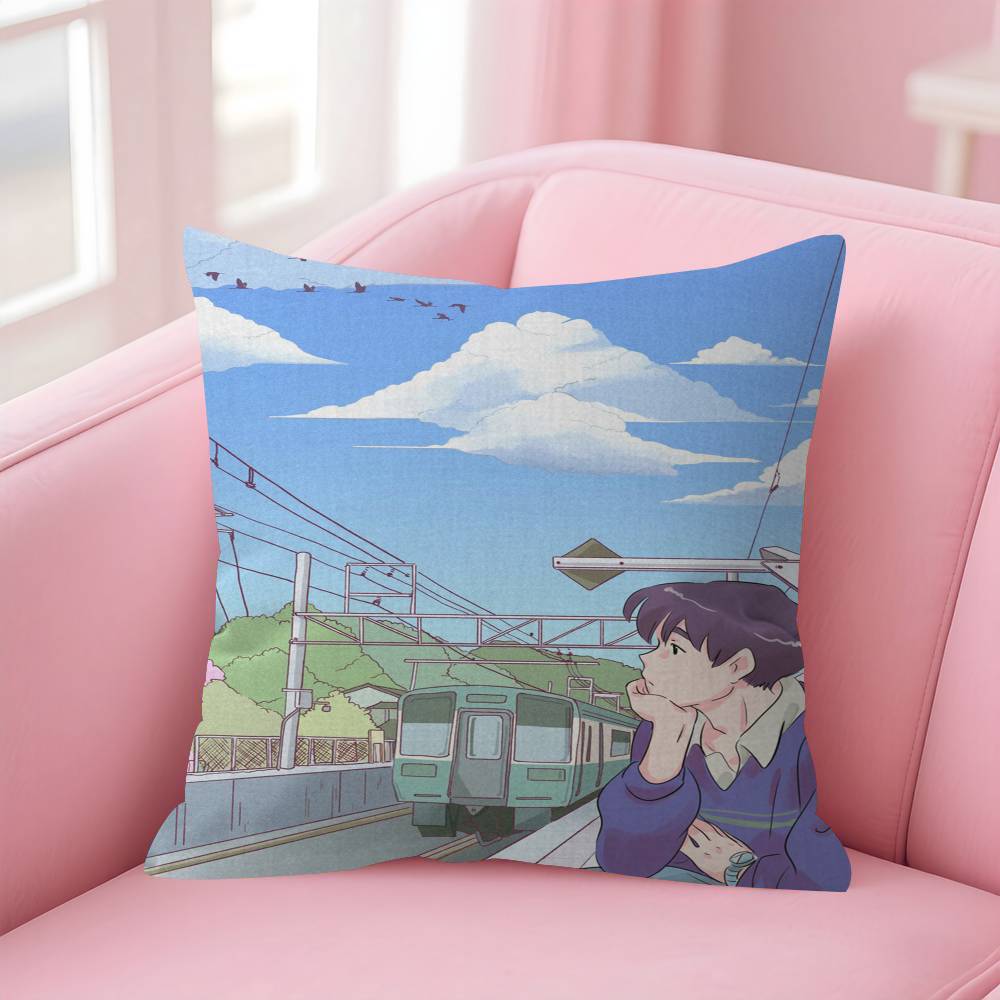 Japanese Street Train Scenery Sakura Cushion Cover Pillow Cover Decor Pillowcase Printed Cushion Case For Couch