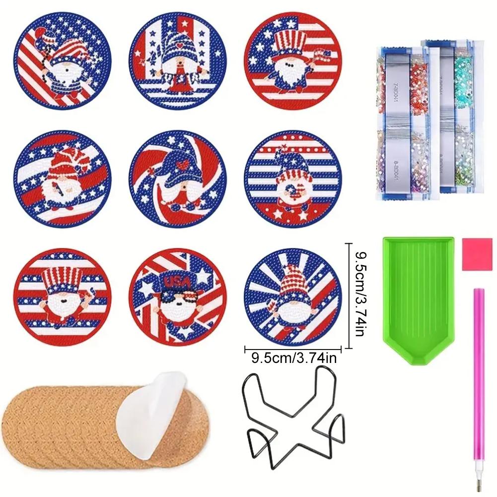 8/9 PCS Diamond Painting Art Coaster Kit Gnome Acrylic/Wooden Sun Stars with Holder Santa for Adults Kids Beginner Gift Supplies