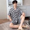 1011 New Men's Cardigan Cotton and Silk Pajamas Thin Temperament Two-piece Set Plaid Can Be Worn Outside Loungewear Set Summer