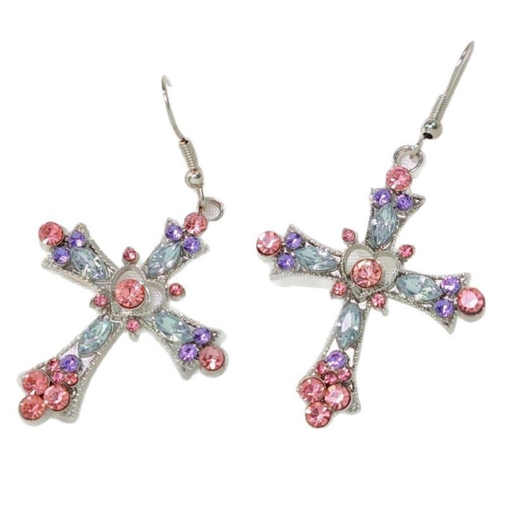 Luxury Exaggerate Cross Hollowed-out Heart Pink Purple Crystal Zircon Dangle Earrings for Women Hip-hop Punk Y2k Jewelry Gifts