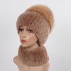 Women Winter Real Fur Hat Scarf 2 Pieces Knitted Rex Rabbit Fur Hat Top Natural Fox Fur Cap Scarves Sets Lady Warm Real Fur Caps