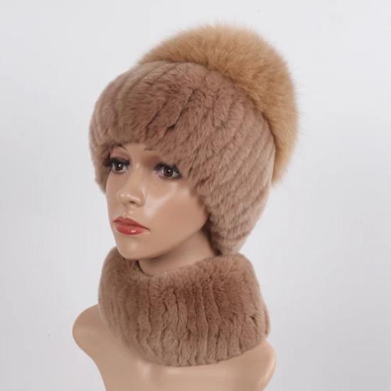 Women Winter Real Fur Hat Scarf 2 Pieces Knitted Rex Rabbit Fur Hat Top Natural Fox Fur Cap Scarves Sets Lady Warm Real Fur Caps