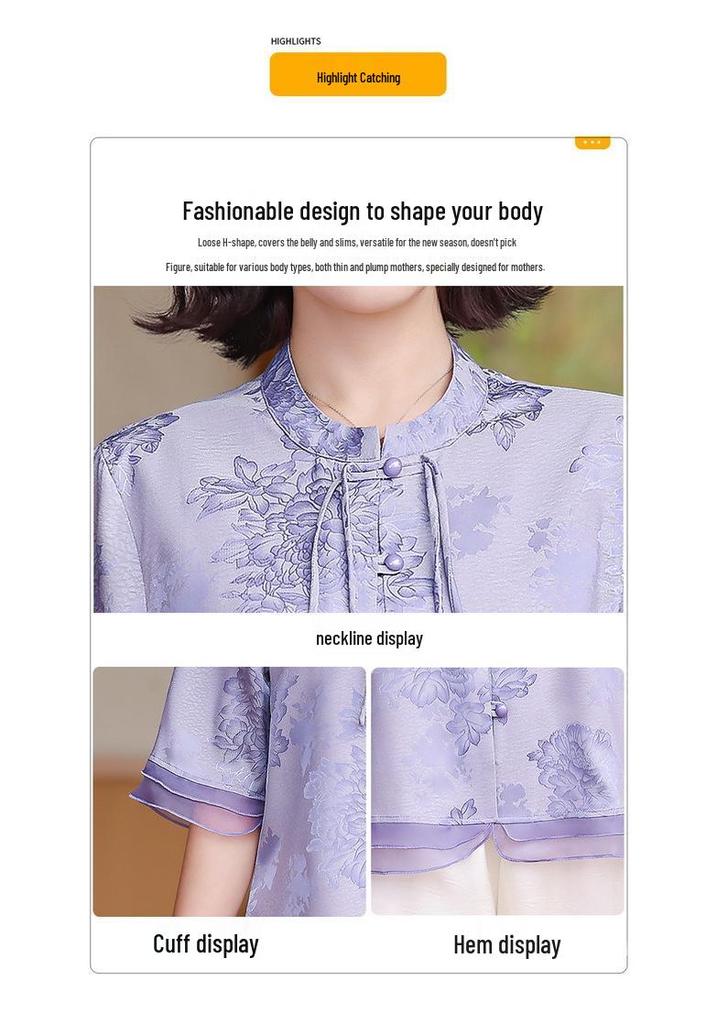 Elegant 2026 Summer Print Top for Middle-Aged & Elderly Women - Chinese Style