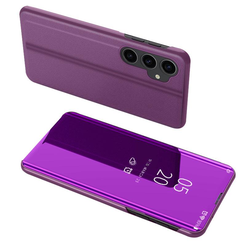 

Mirror Surface Shell for Samsung Galaxy S23 FE,Electroplating View Window PU Leather Case Phone Stand Cover Purple