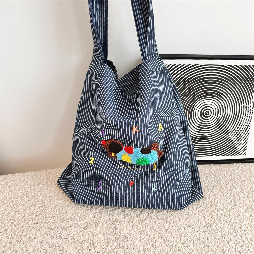 Adorable Cartoon Dog Tote Bag Fashionable Striped Double Pocket Large Capacity Commuter Bag