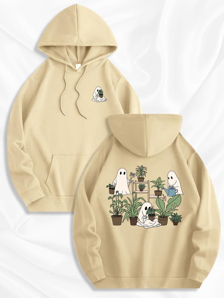 2026 Men Coffee Cute Gardening Ghost Pullover Hoodie, Front‑Back Cartoon Print, Kangaroo Pocket Casual Daily Hooded Top