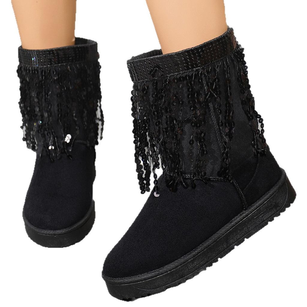 Fashion Fashion Sequins Tassels Snow Boots for Women 2025 Winter Slip On Mid Calf Boots Woman Warm Thick Plush Cotton Padded Shoes