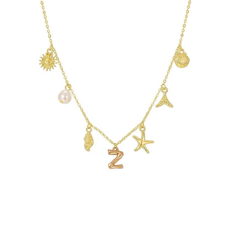 Ocean Theme Gold Charm Necklace with Initial Shells Letter Pendant Suitable for Surfer Girls and Beach Enthusiasts
