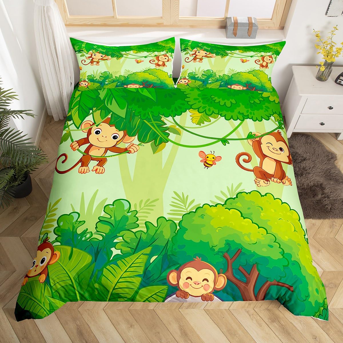 

Комплект постельного белья с милой обезьянкой, двойной, с рисунком банана, звезд, пододеяльник с изображением тропических диких животных и фруктов, желтый пододеяльник EU single(135x200cm)