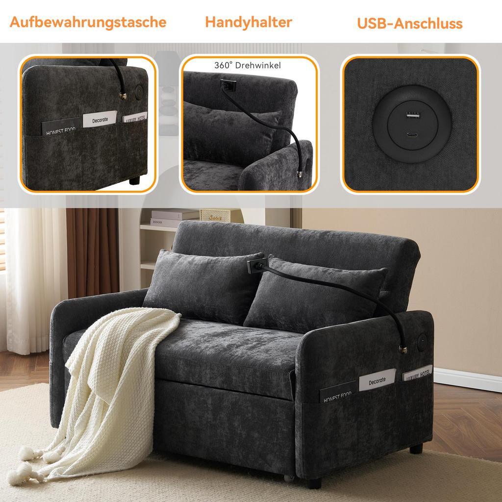 Sofa Bed Flieks 2-seater Sofa with Sleep Function, Adjustable Backrest, USB Ports and Mobile Phone Holder