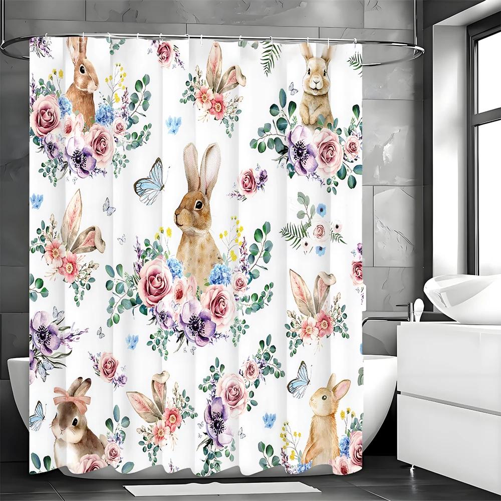 Cute Bunny Shower Curtain, Cute, Floral, Butterfly, Spring Bathroom Decorative Shower Curtain, Waterproof Shower Curtain With Ho