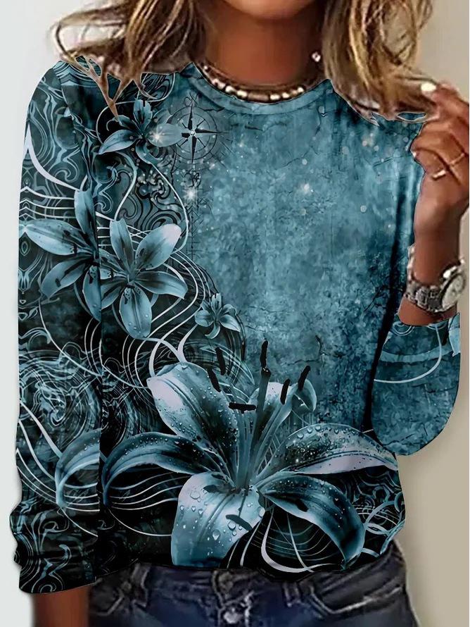 2024 European & American Women's Autumn/Winter Long-Sleeve Printed Round Neck T-Shirt