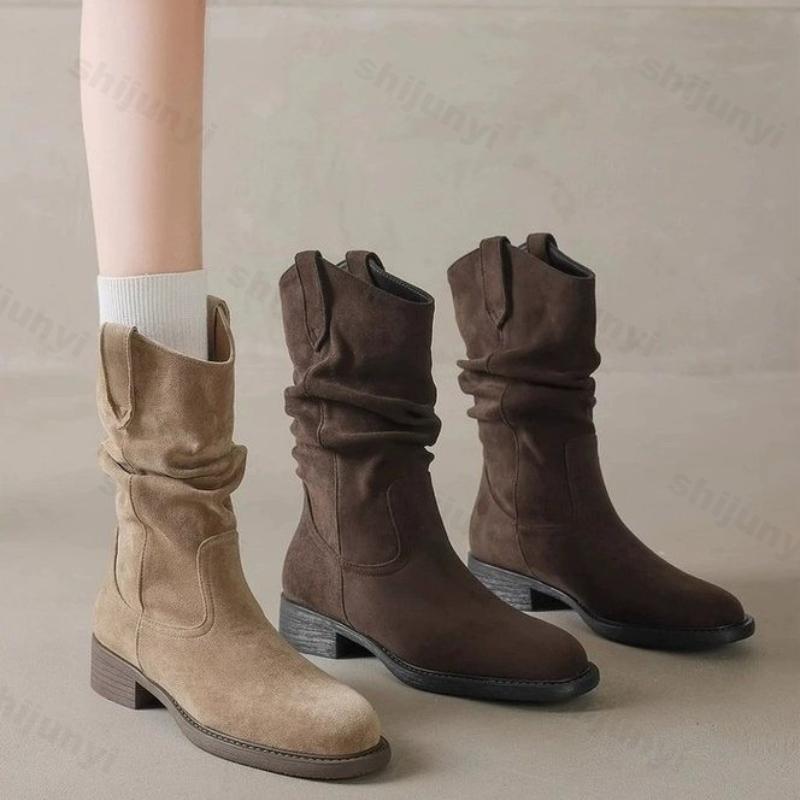 Fashion Vintage Women Cowboy Boots Autumn Winter Outdoor Non Slip Height Increase Shoes Comfortable Fashionable Platform Mid Calf Boots