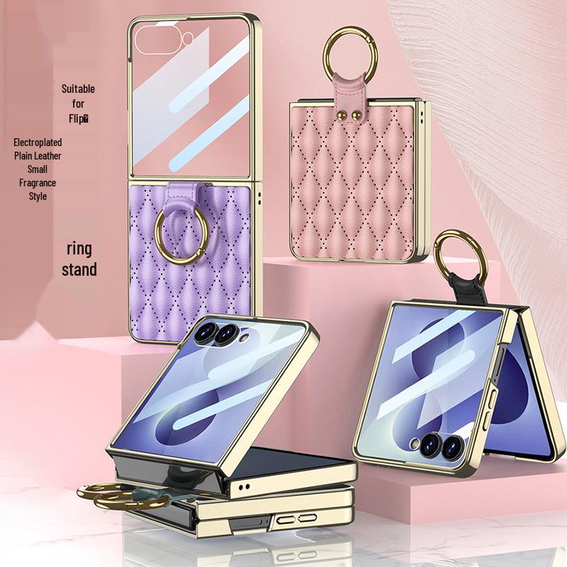 Samsung Z Flip 8 Ring Case: Creative Diamond Lattice French Style Electroplated Leather