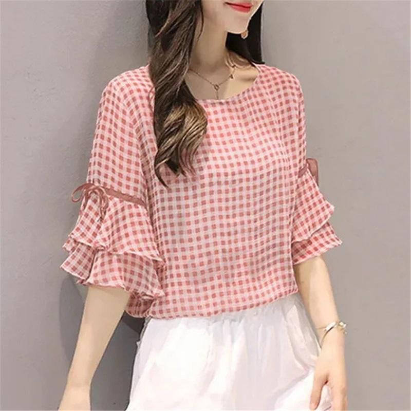 

Женские летние топы с коротким рукавом, свободные, винтажные, французская клетка, короткий рукав L