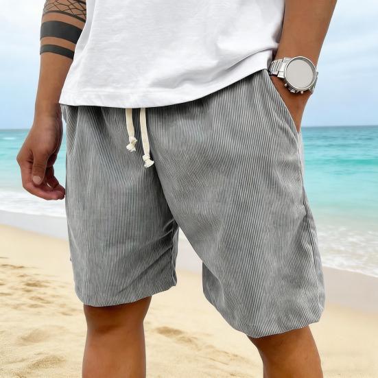 Men Shorts Elastic Waist Adjustable Leg Summer Corduroy Drawstring Wide Shorts with Pockets Loose Fit Casual