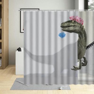 Tenda Doccia Dinosauro Divertente Dino Bambino Carino Cartone Animato Bambini Animale Divertimento Ragazza Ragazzo Bianco Grigio Tessuto in Poliestere Gancio Decorazione Bagno