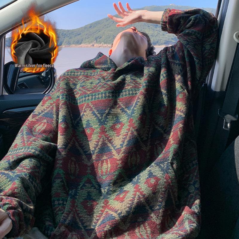 Herren Ethno-Stil Kapuzenpullover mit Fleecefutter - Herbst/Winter Pullover Trend