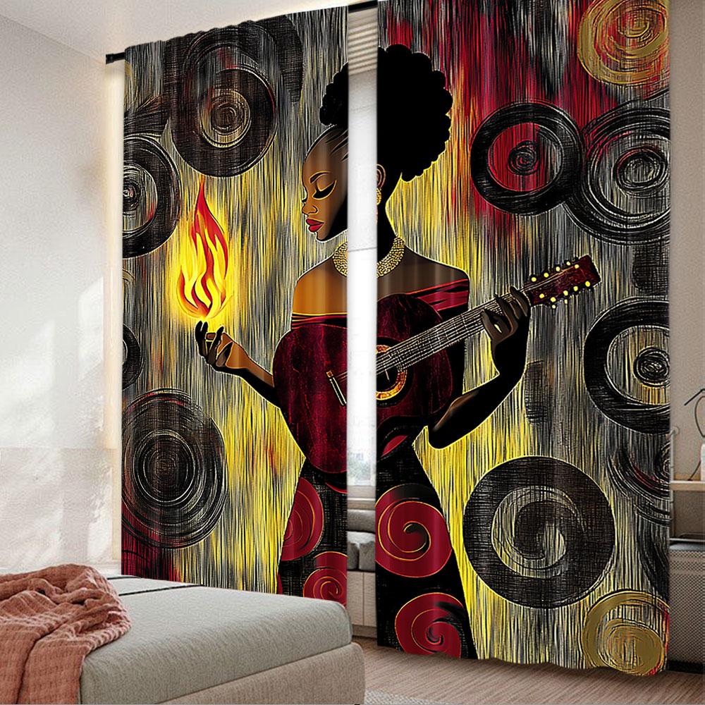 

2Pcs African Curtain Traditional Woman Surrounded By The Swirling Motifs Of Savannah Female For Bedroom Living Room And Dining 29x65in(75x166cm)