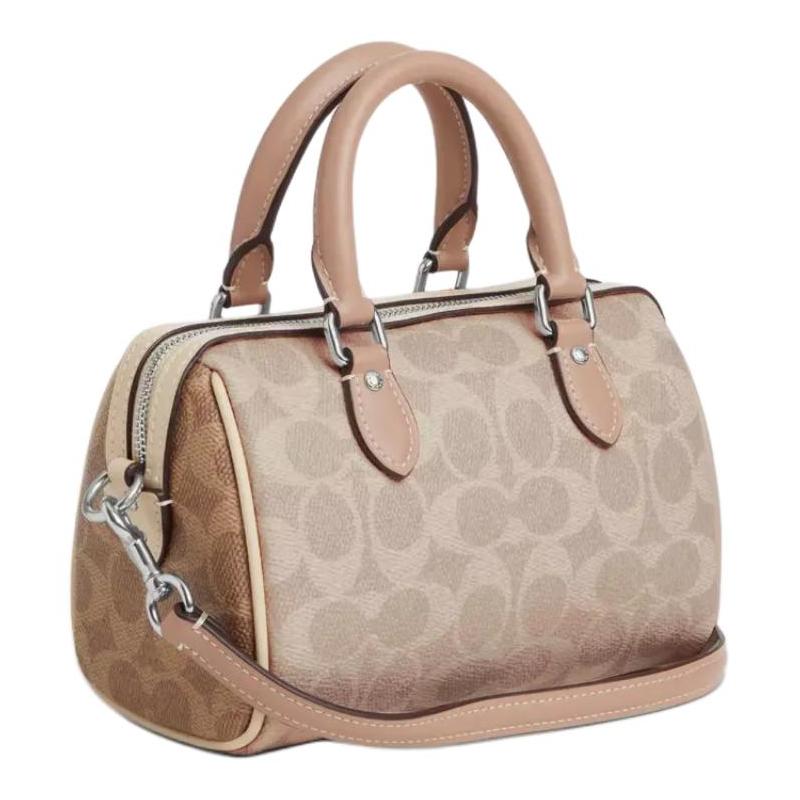 COACH Rowan 18 classic brand logo presbyopia Boston bag shoulder crossbody bag artificial leather handbag small size women's sand yellow and taupe