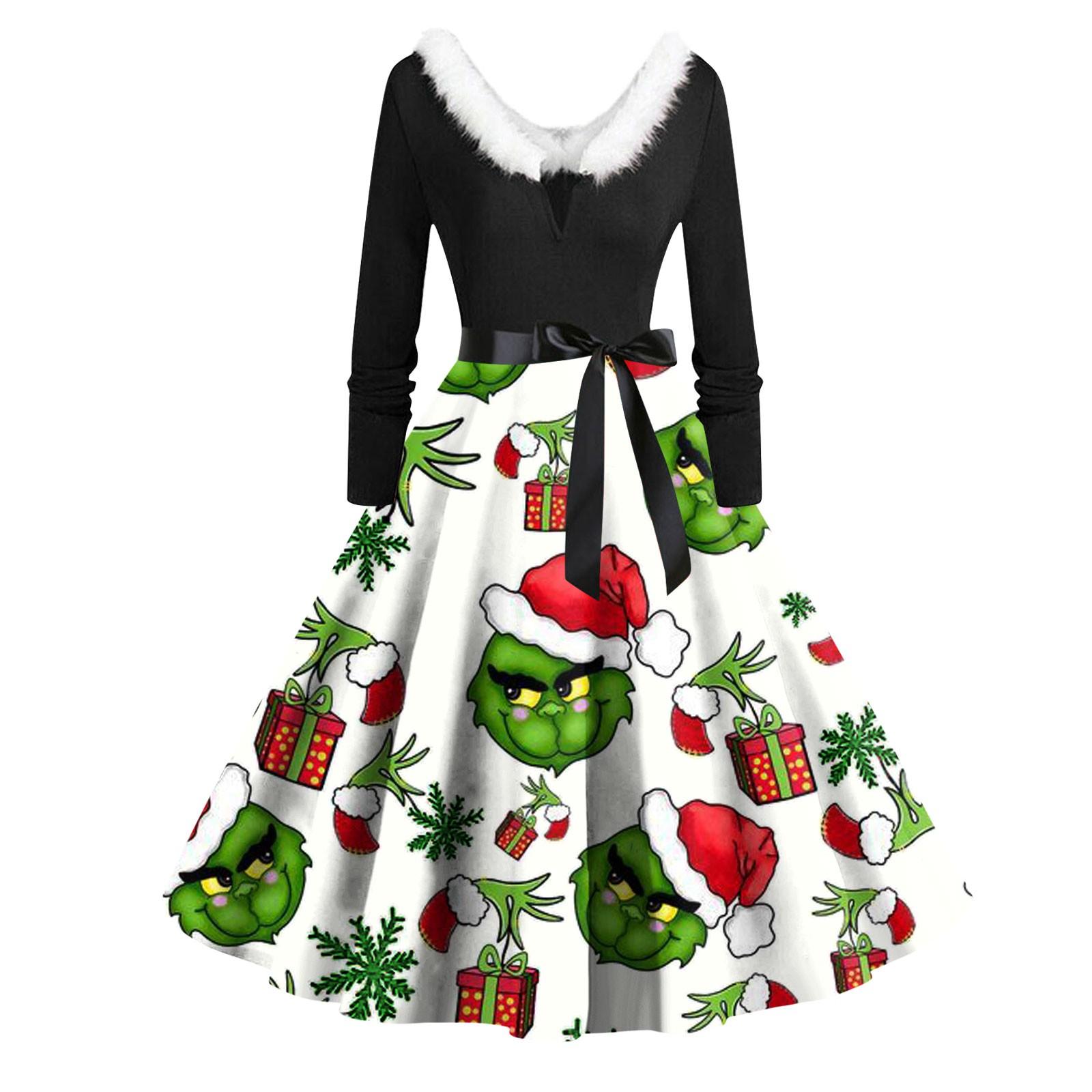 Women s Fashion V-Neck Casual Slim Christmas Printed Long Sleeve Dresses XXXXL белый