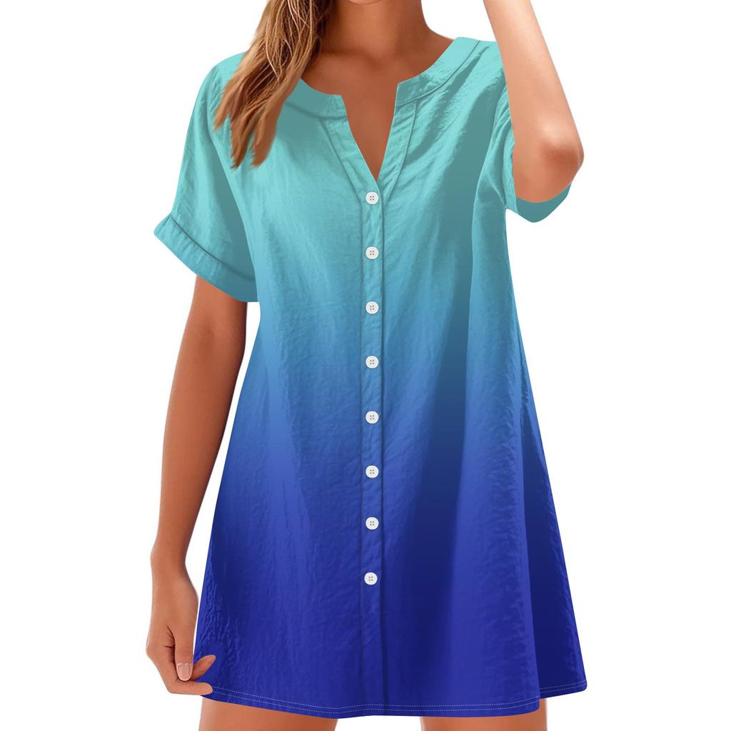 Women Fashion Casual V-neck Short Sleeve Button Gradient Print Dress