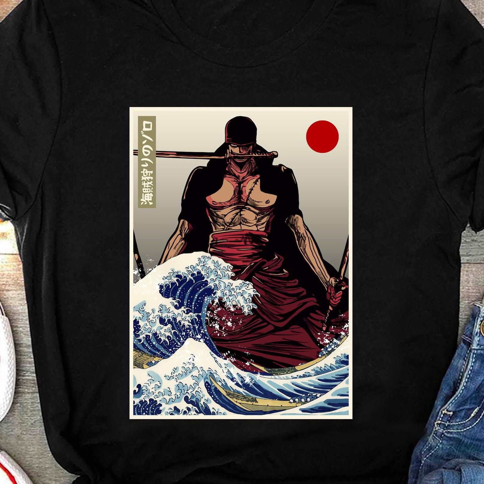Zoro One Piece Japanese Shirt, Pirate Anime Roronoa Zoro Shirt, Kanagawa Wave Hokusai Straw Hat Pirates Manga Shirt, Mugiwara Tee 4XL