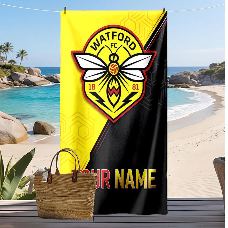 Watford FC Personalisiertes Bedrucktes Strandtuch Fußballlogo Unterstützung Benutzerdefinierter Name Text Absorbierendes Handtuch Für Sport Reisen Besonderes Geschenk
