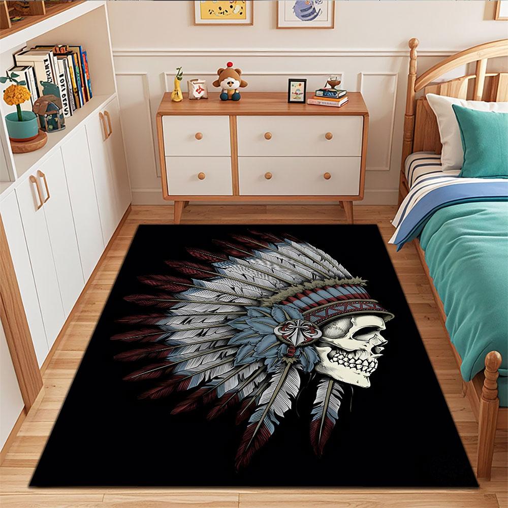 Skull with Feathered Headdress Patterned Carpet, Suitable As a Non Slip Play Mat for the Living Room and Bedroom Sofa