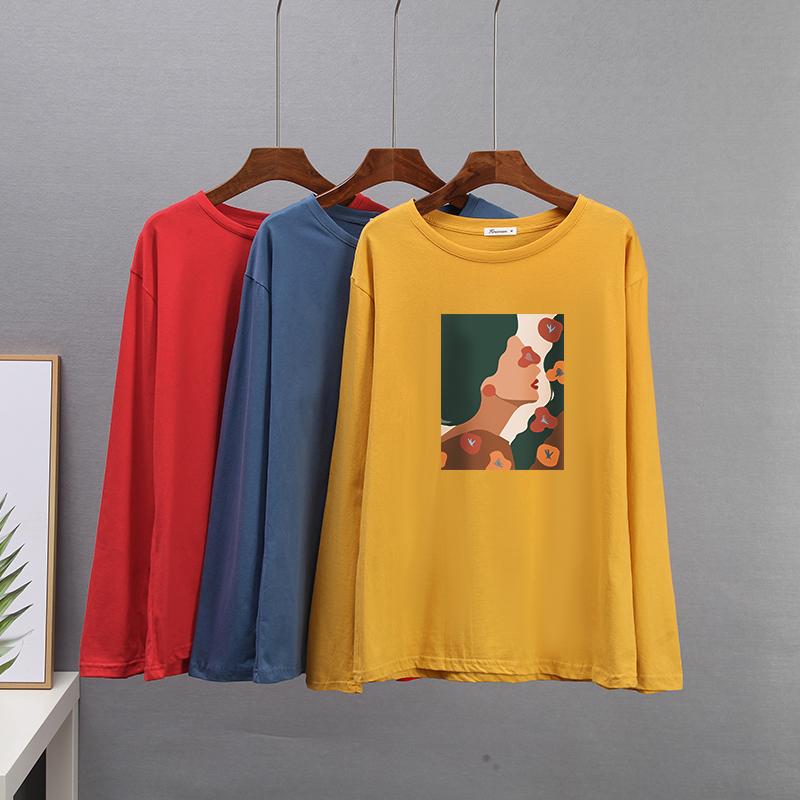 Tricou din bumbac cu mânecă lungă de primăvară Hirsionsan Tricou cu imprimeu estetică abstractă cu figurine pentru femeie pentru petrecere a timpului liber cu gâtul în formă de topuri simple