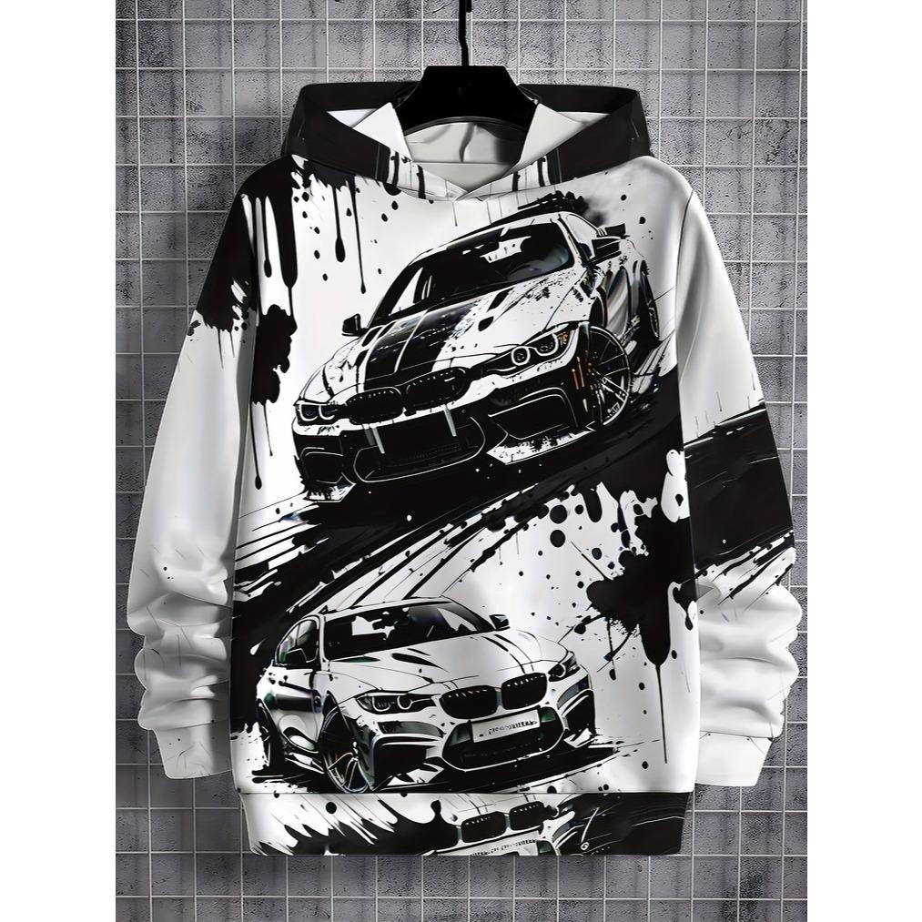 Boys' Casual Hoodie, Cool Car Print - Long Sleeves, Perfect Choice for Spring and Autumn Seasons, Loose Fit