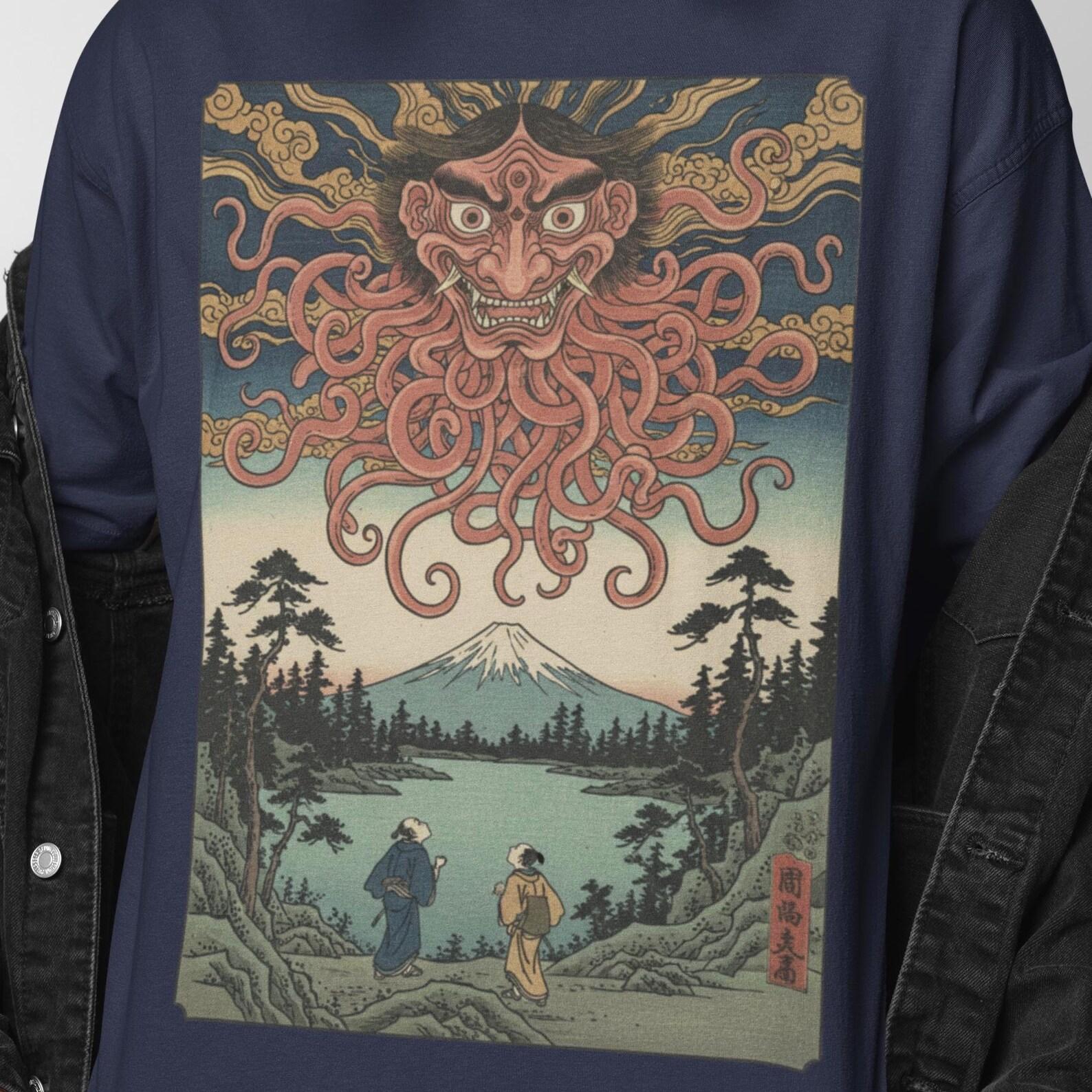 Ukiyo-E Yokai Demon Graphic Shirt | Japanese Oni Art Tee | Mythical Horror Illustration T Shirt | Vintage Japan Surreal Artwork XL