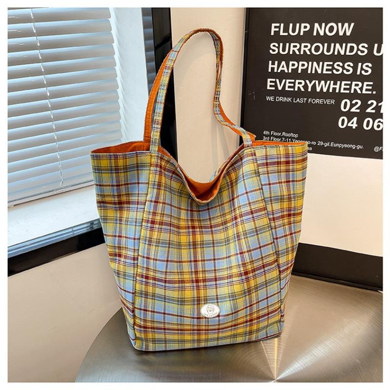 

Plaid canvas bag women s large-capacity new summer versatile lazy style shoulder bag student tote bag