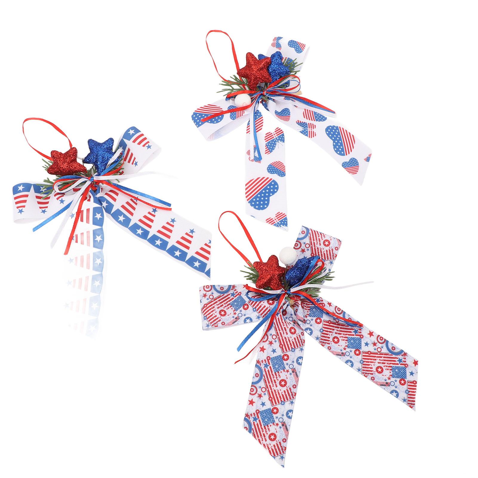 

3PCS Patriotic Bows for Wreath Red Blue White Stripe Stars Bows 4th of July Tree Topper for