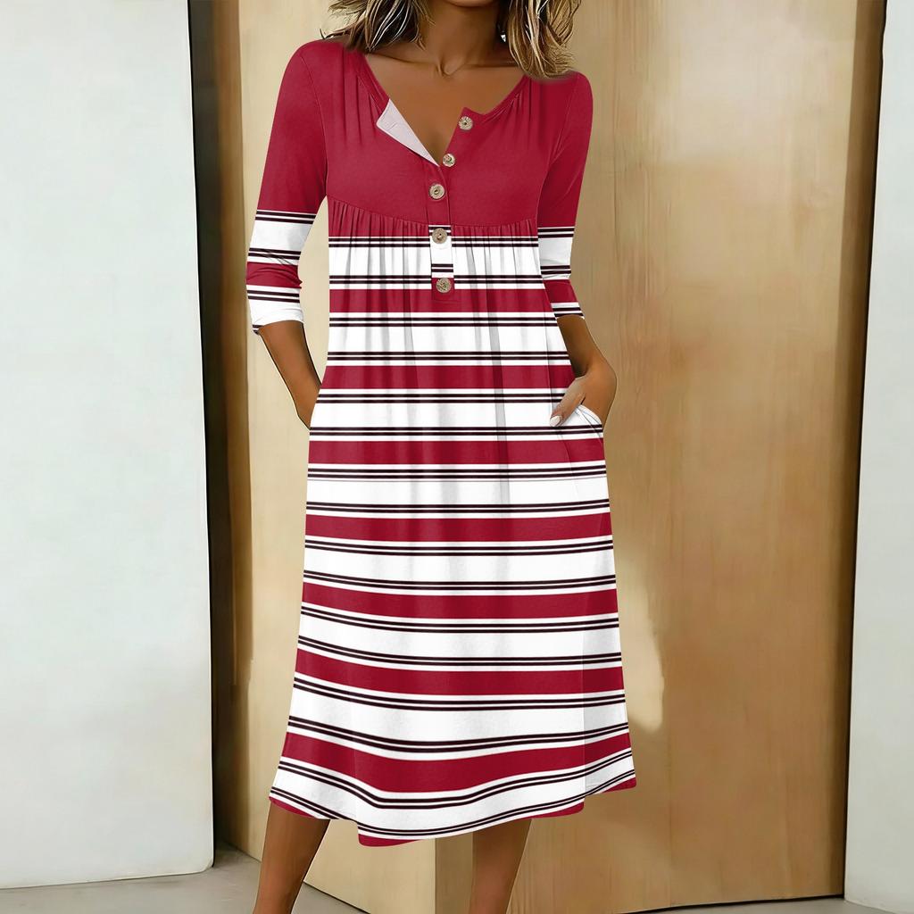Women's Fashionable Color Printed Round Neck 3/4 Sleeve Button Collar Mid Length Casual Dress