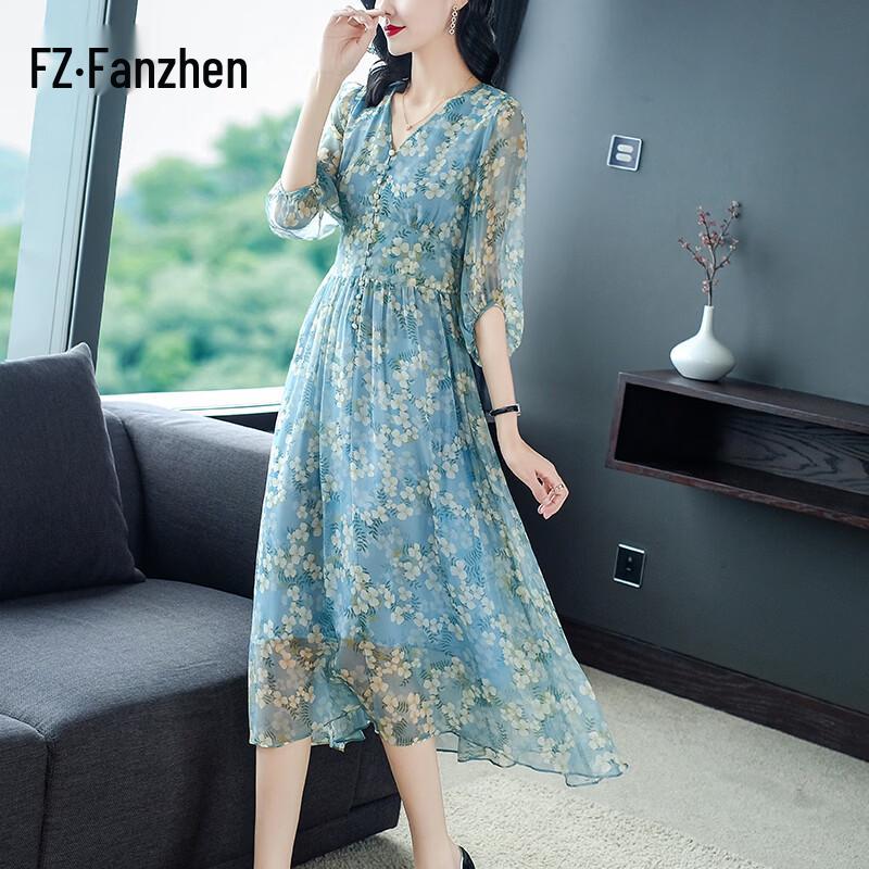 Fanzhen Women s 100% Mulberry Silk V-Neck Printed Midi Dress 2XL