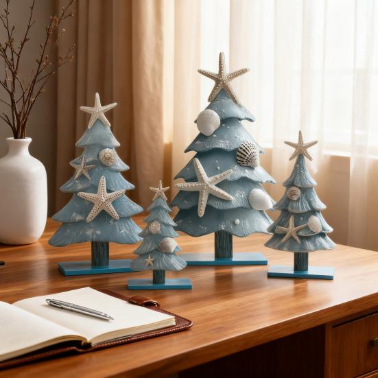 4Pcs/Set Blue Coastal Christmas Tree Ornaments Wooden Ocean-Themed Table Centerpieces Xmas Party Figure Home Decor