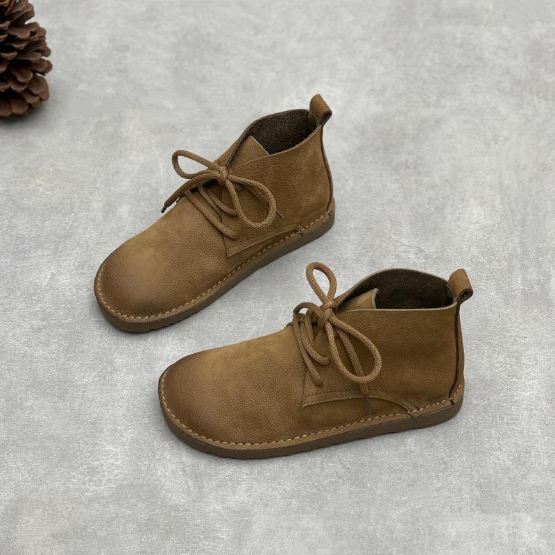 Johnature Genuine Leather Women's Shoes Soft Cowhide Round Toe Retro Soft Soled Lace-up Flat Short Boots