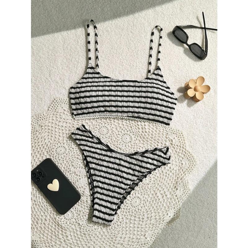 

Sexy Black Striped Bikinis 2025 Women Halter Pleate Push Up Micro Swimsuit Brazilian Beach Bathing Suit Holiday Thong Swimwear S чёрный
