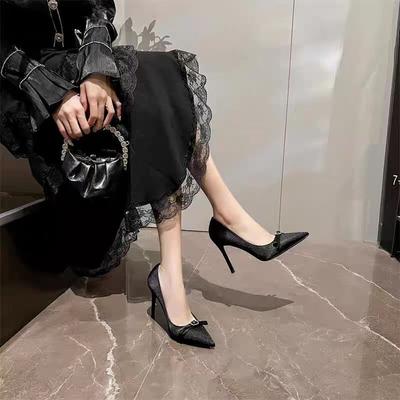 With Skirt French Super Beautiful High Heels Women's 2025 Spring and Autumn New Pointed High Heels Bow Temperament Bridesmaid Wedding Shoes