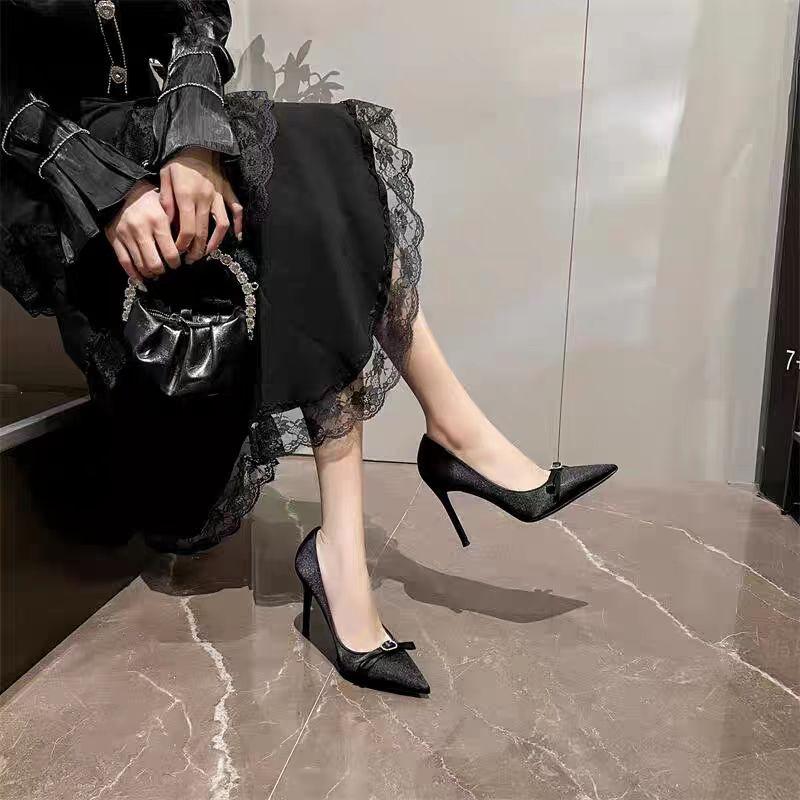 With skirt French super beautiful high heels women's 2025 spring and autumn new pointed high heels bow temperament bridesmaid wedding shoes