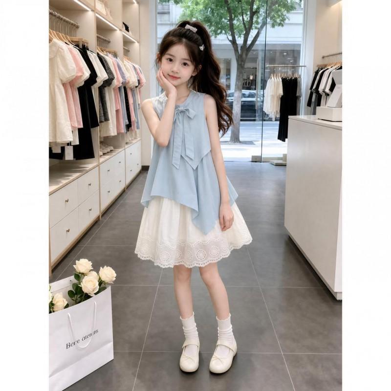 Girls Princess Dress Sleeveless Sweet Bow Solid Color Kids Over 4 Y.O.